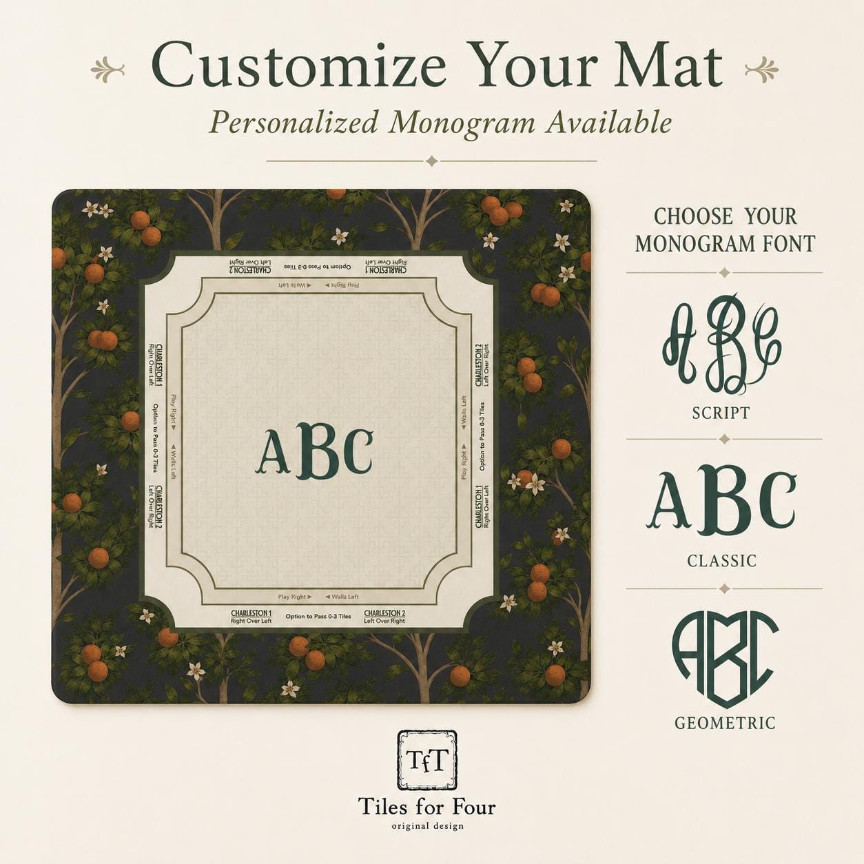 THE MIDNIGHT GROVE Botanical Mahjong Mat — Game Night Tile Table Mat, American Mahjong Gift, Mahjong Accessories, Dark Green Mat