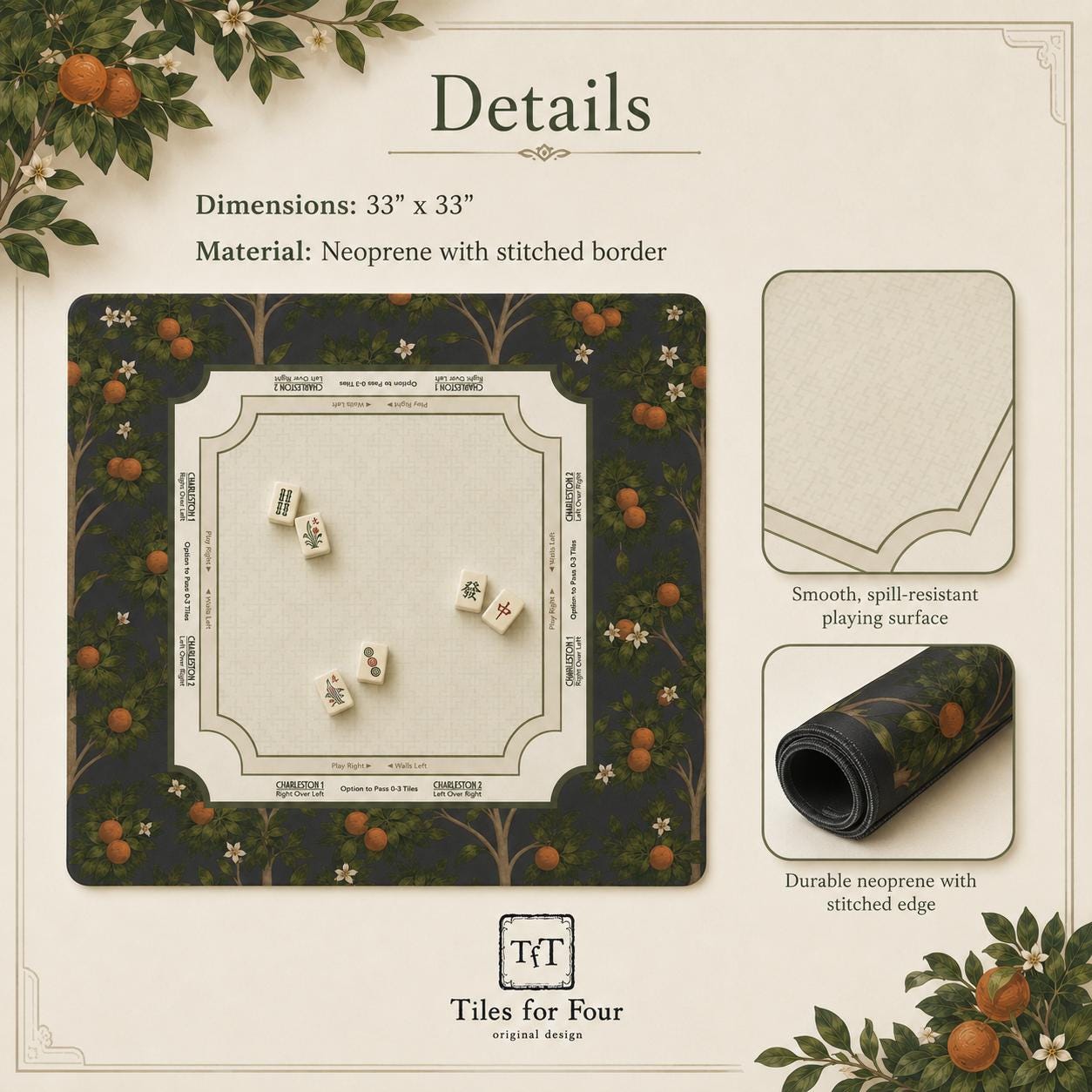 THE MIDNIGHT GROVE Botanical Mahjong Mat — Game Night Tile Table Mat, American Mahjong Gift, Mahjong Accessories, Dark Green Mat