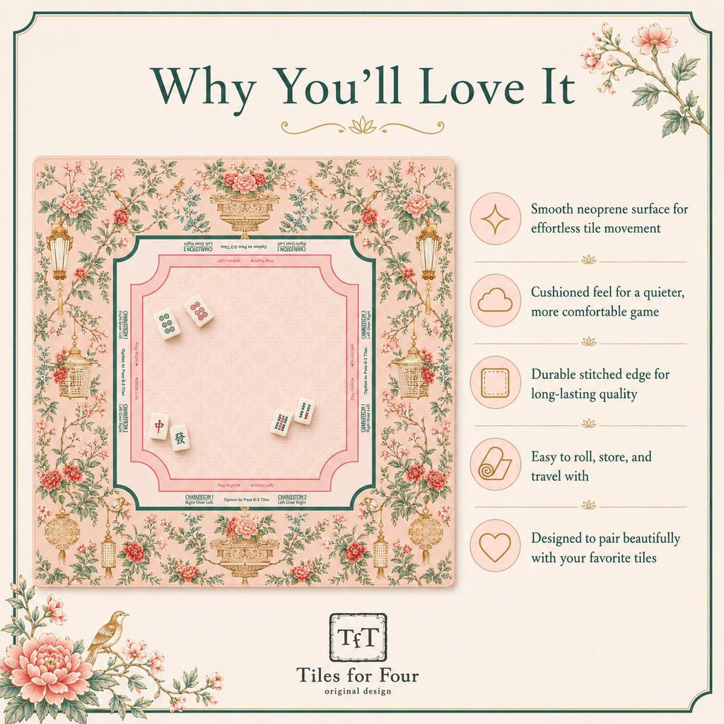 THE LANTERN GARDEN Pink Chinoiserie Mahjong Mat — Preppy Floral Game Night Tile Table Mat, American Mahjong Gift, Mahjong Accessories