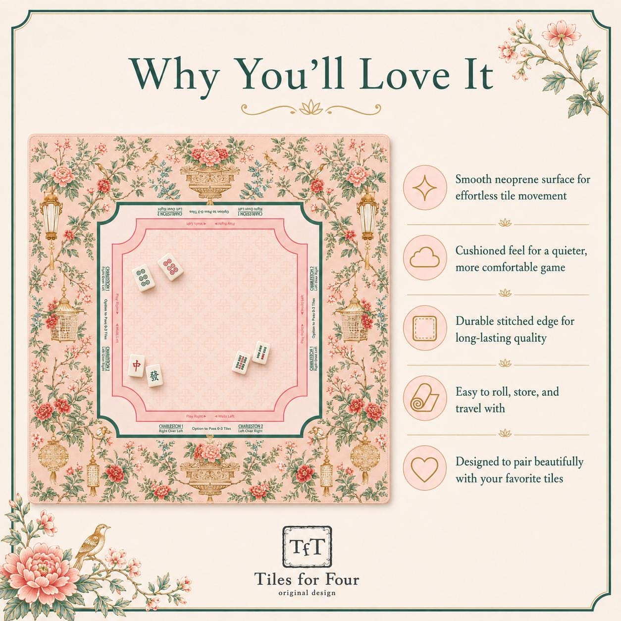 THE LANTERN GARDEN Pink Chinoiserie Mahjong Mat — Preppy Floral Game Night Tile Table Mat, American Mahjong Gift, Mahjong Accessories