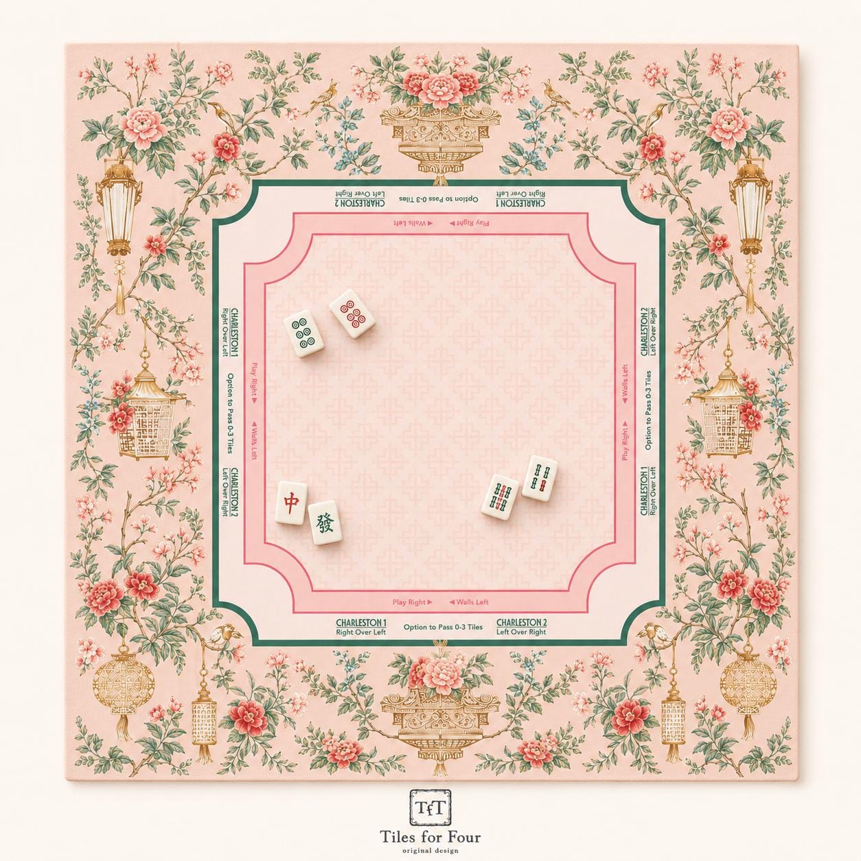 THE LANTERN GARDEN Pink Chinoiserie Mahjong Mat — Preppy Floral Game Night Tile Table Mat, American Mahjong Gift, Mahjong Accessories