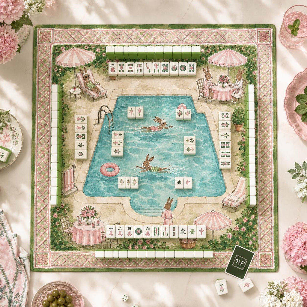 THE POOL CLUB Preppy Bunny Mahjong Mat — Whimsical Game Night Table Mat, American Mahjong Gift, Mahjong Accessories, Green Pink Soccer Mat
