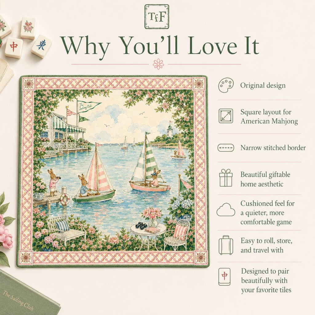 THE SAILING CLUB Preppy Mahjong Mat — Whimsical Game Night Table Mat, American Mahjong Gift, Mahjong Accessories, Coastal Pink Green Mat