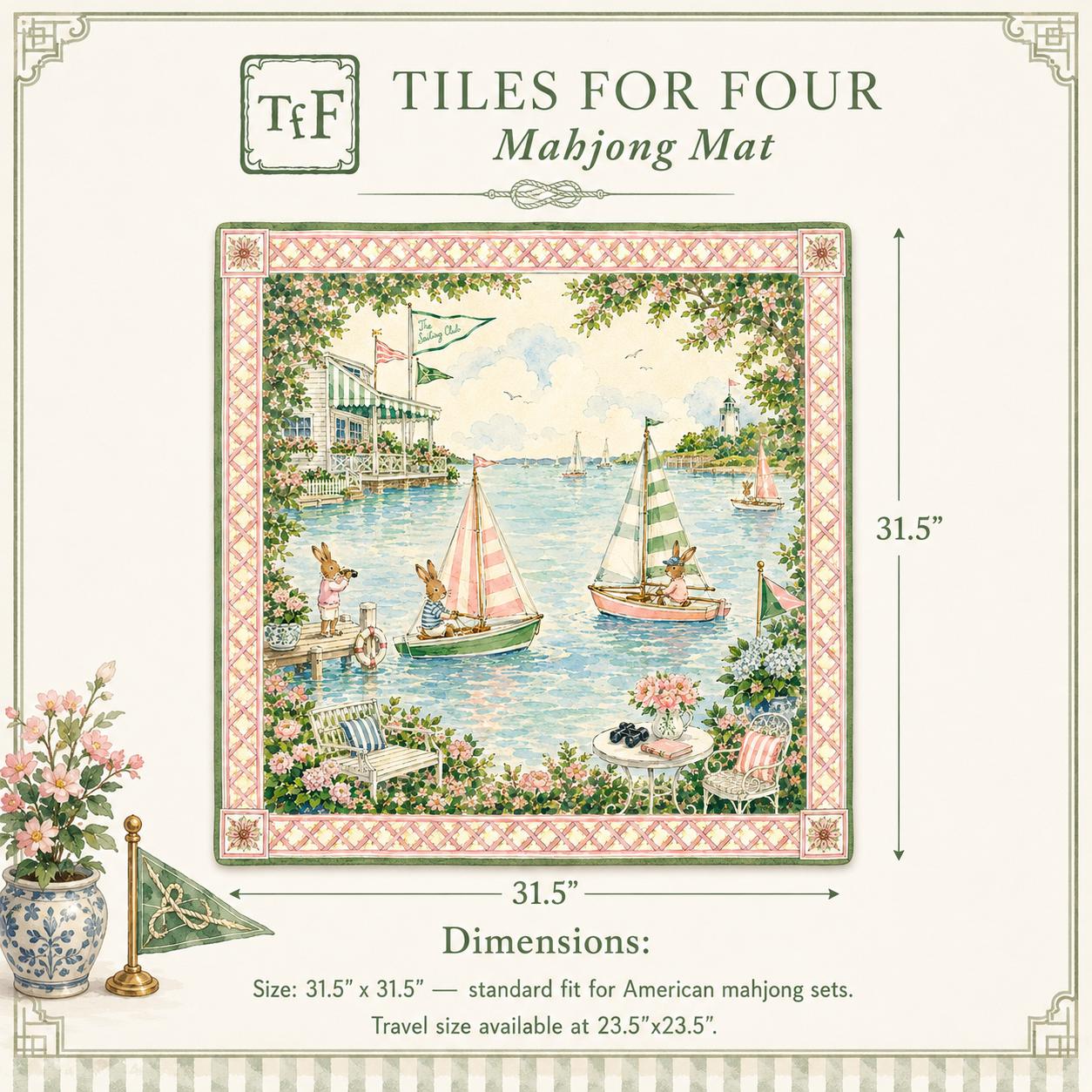 THE SAILING CLUB Preppy Mahjong Mat — Whimsical Game Night Table Mat, American Mahjong Gift, Mahjong Accessories, Coastal Pink Green Mat