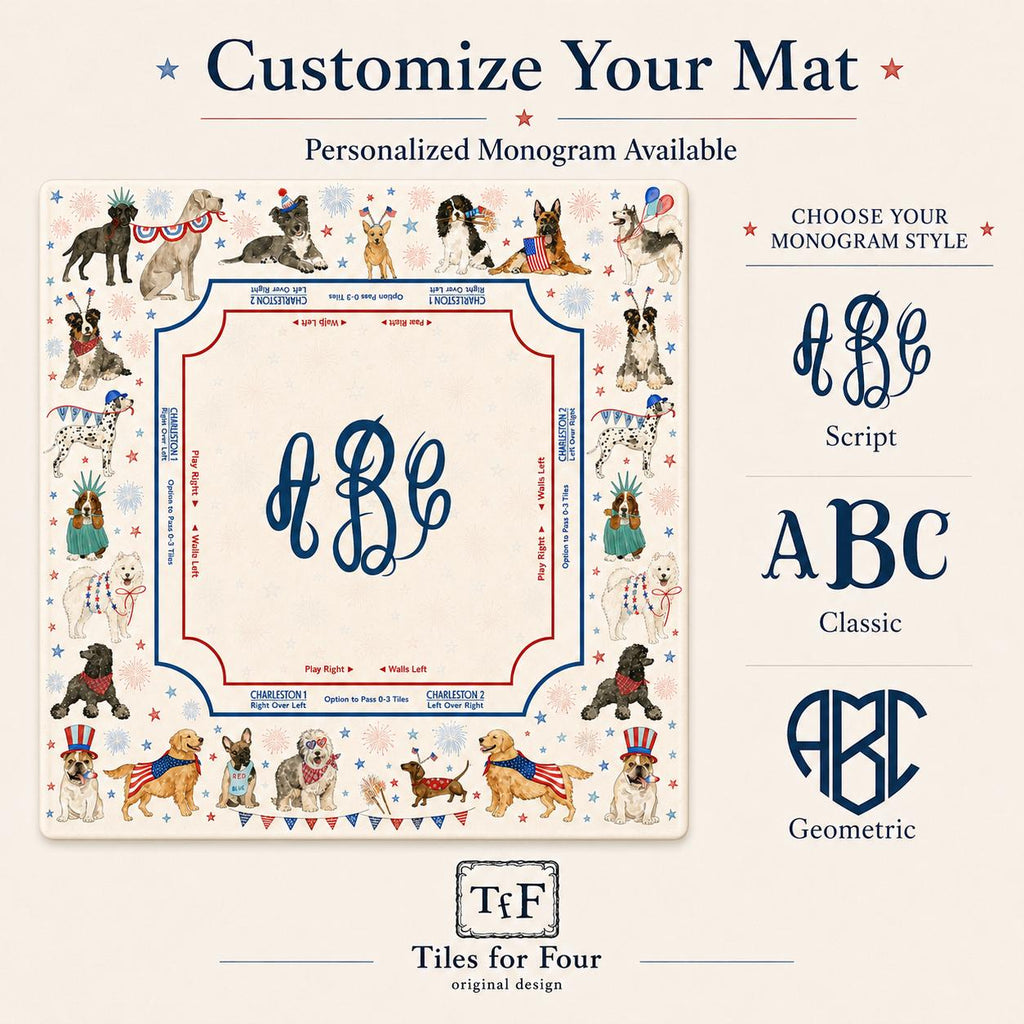 THE PATRIOT PUPS Dog Mahjong Mat — 4th of July Game Night Tile Table Mat, American Mahjong Gift, Mahjong Accessories, Dog Lover Mat