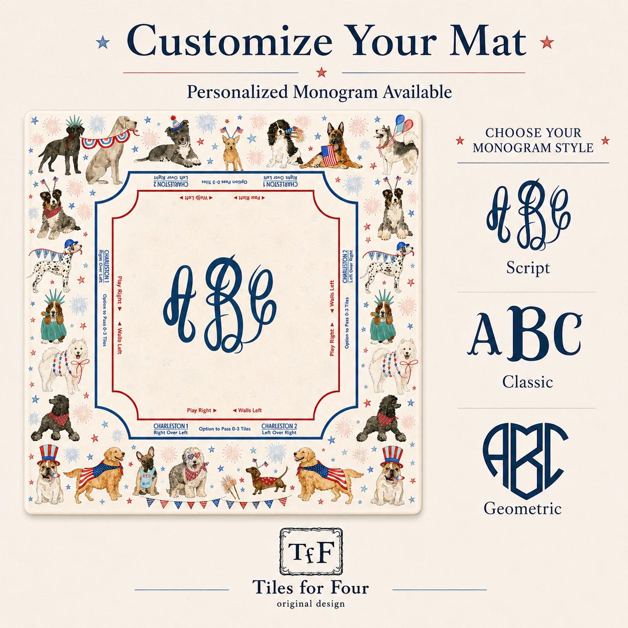 THE PATRIOT PUPS Dog Mahjong Mat — 4th of July Game Night Tile Table Mat, American Mahjong Gift, Mahjong Accessories, Dog Lover Mat