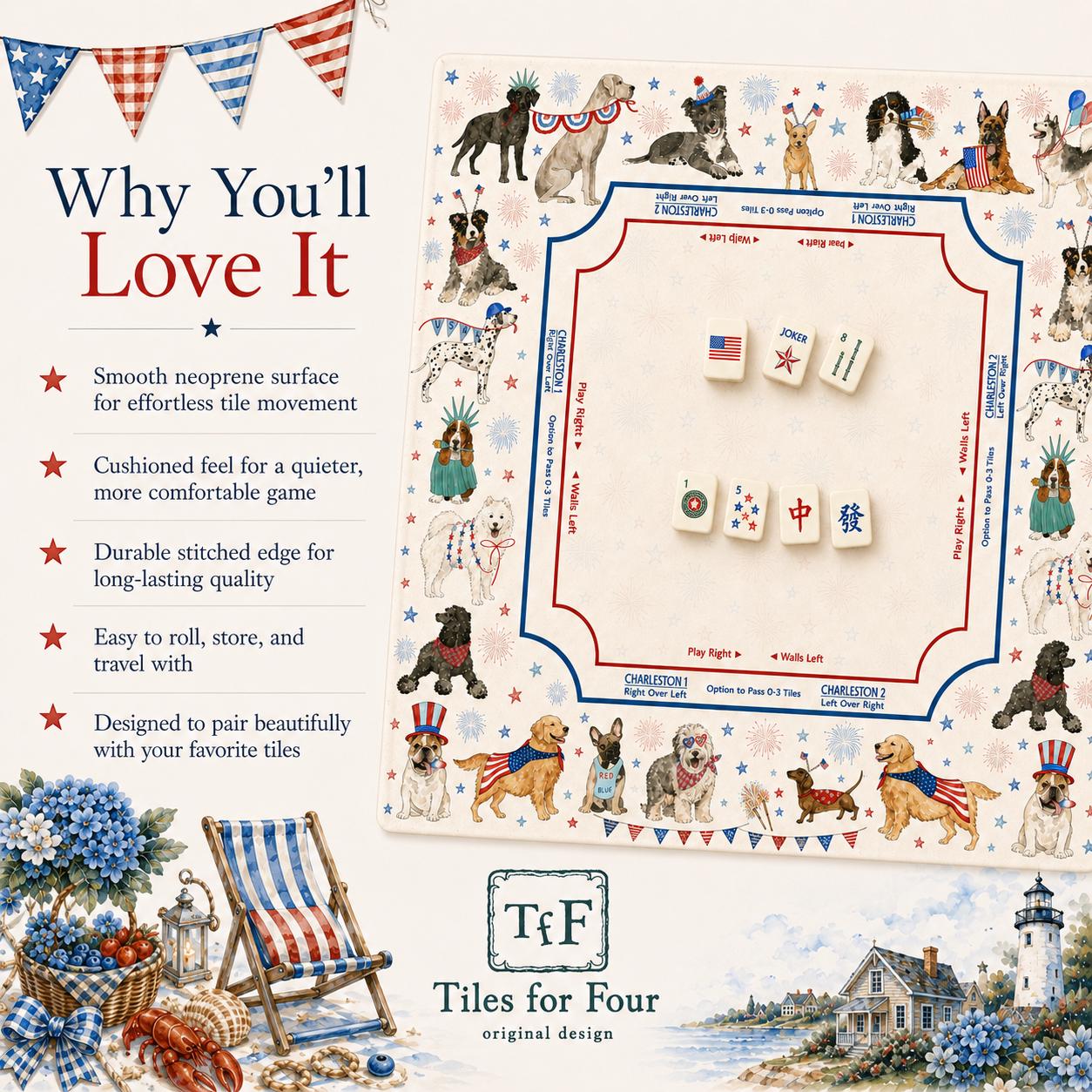 THE PATRIOT PUPS Dog Mahjong Mat — 4th of July Game Night Tile Table Mat, American Mahjong Gift, Mahjong Accessories, Dog Lover Mat