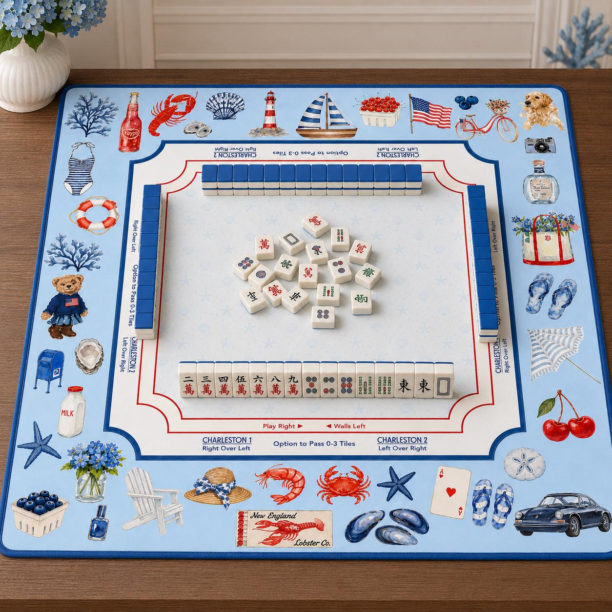THE NEWPORT COLLECTION Preppy Coastal Mahjong Mat — Old Money Game Night Tile Table Mat, Mahjong Gift, Mahjong Accessories, Blue Summer Mat