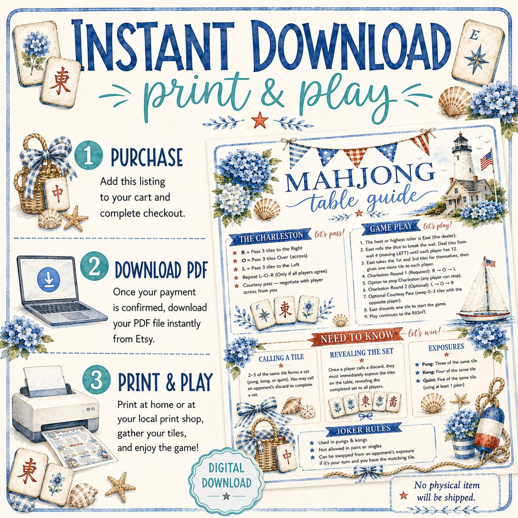 Mahjong Table Guide, 4th of July Mahjong Card, Patriotic Mahjong Card, Preppy Coastal Summer, Beginner Cheat Sheet, Printable PDF Download