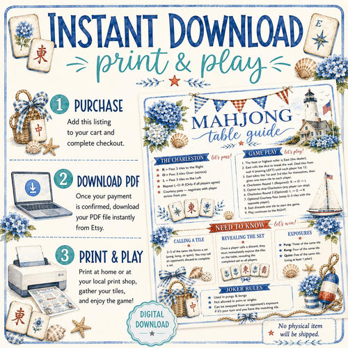 Mahjong Table Guide, 4th of July Mahjong Card, Patriotic Mahjong Card, Preppy Coastal Summer, Beginner Cheat Sheet, Printable PDF Download