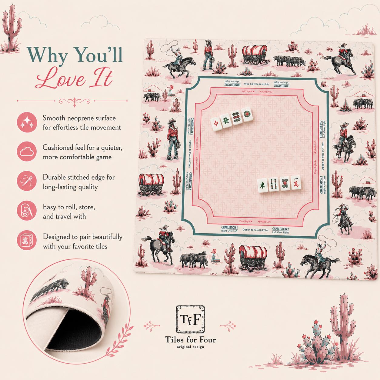 THE COWGIRL TOILE Western Mahjong Mat — Preppy Pink Game Night Tile Table Mat, American Mahjong Gift, Mahjong Accessories, Ivory Pink Mat
