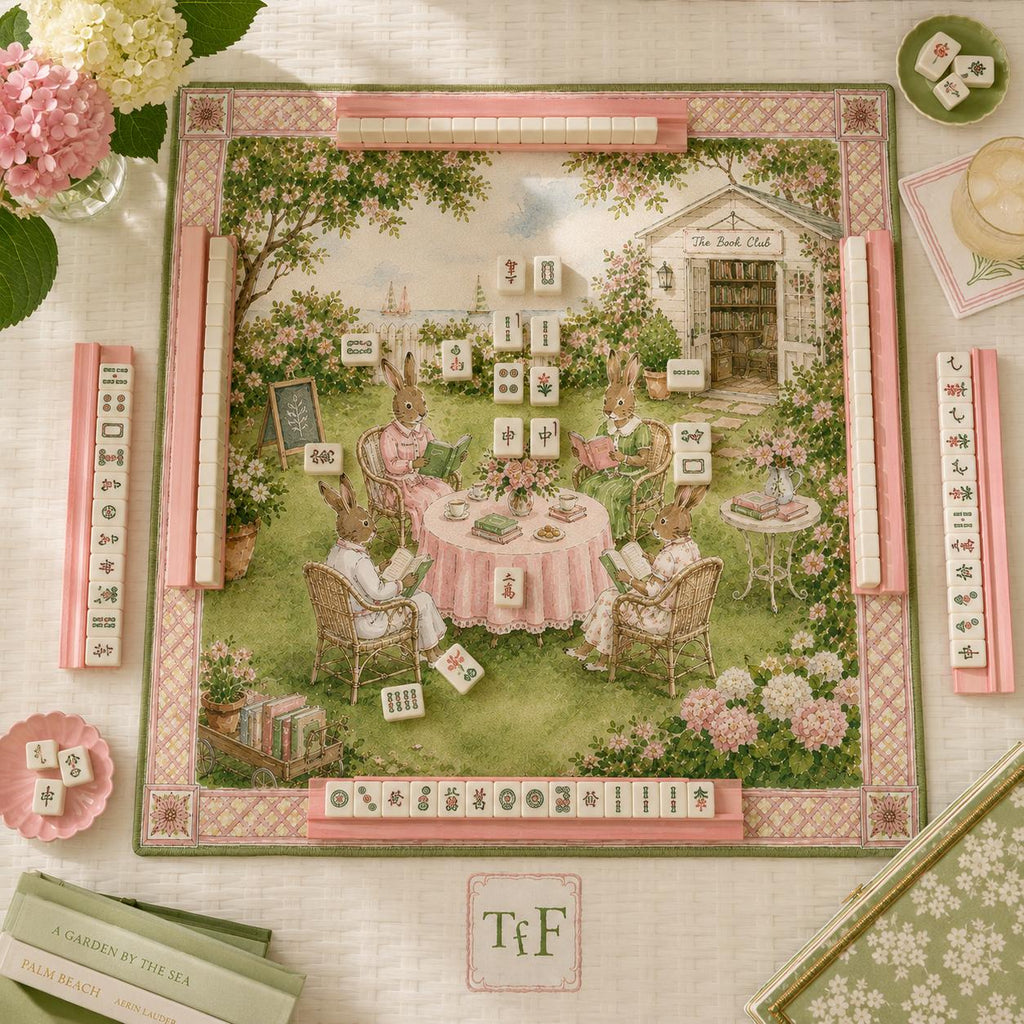 THE BOOK CLUB Preppy Mahjong Mat — Whimsical Game Night Table Mat, American Mahjong Gift, Mahjong Accessories, Pink Green Book Lover Mat