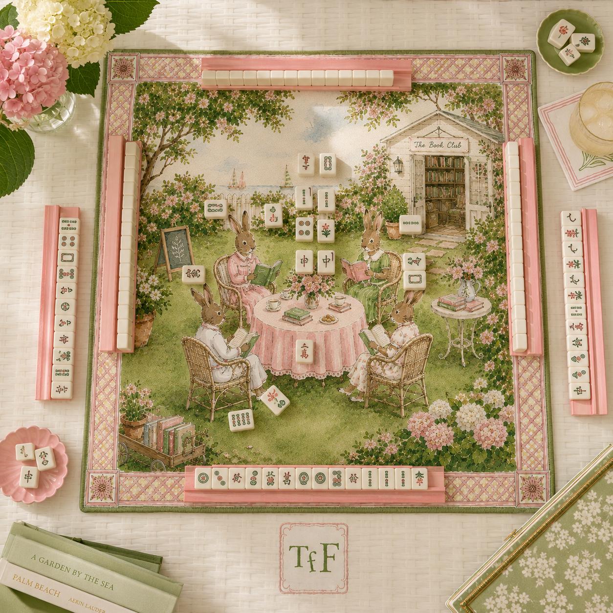THE BOOK CLUB Preppy Mahjong Mat — Whimsical Game Night Table Mat, American Mahjong Gift, Mahjong Accessories, Pink Green Book Lover Mat