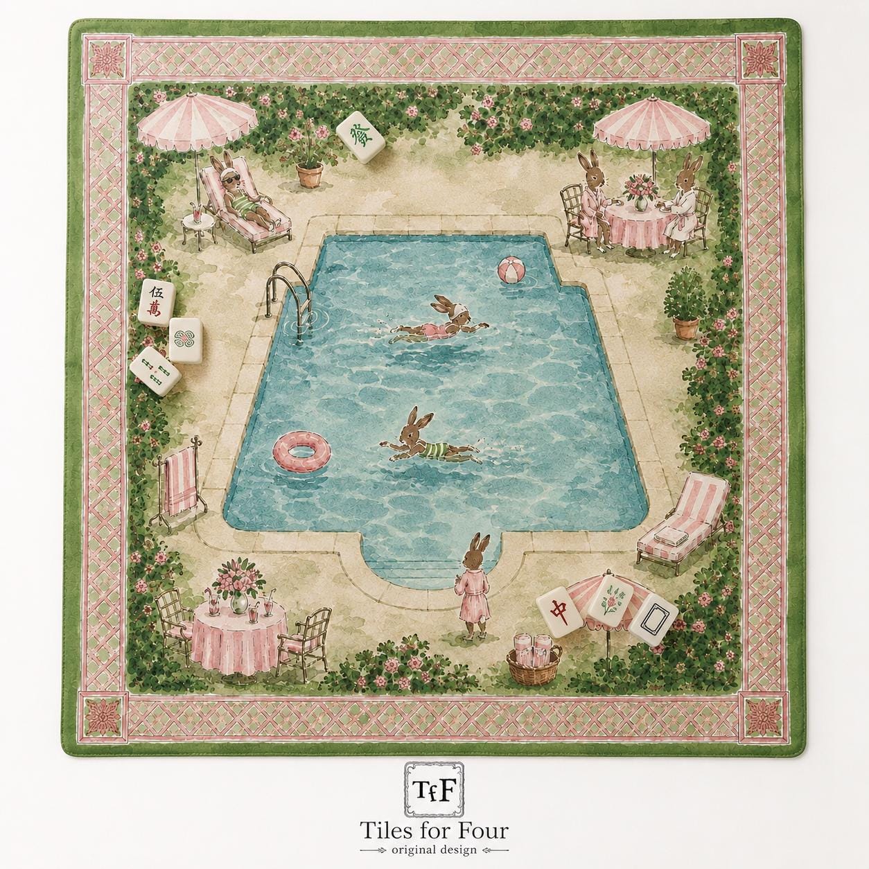 THE GOLF CLUB Preppy Golf Mahjong Mat — Whimsical Game Night Table Mat, Mahjong Gift, Mahjong Accessories, Green Pink Country Club Mat