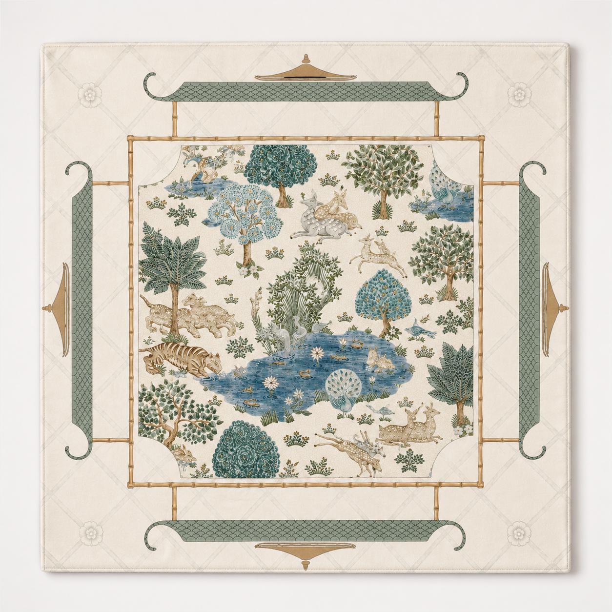 THE JADE GARDEN Chinoiserie Mahjong Mat — Preppy Floral Game Table Mat, American Mahjong Gift, Mahjong Accessories, Ivory Teal Blue Mat