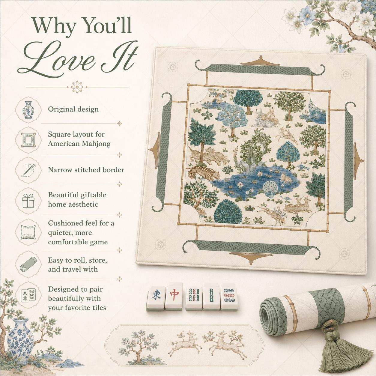 THE JADE GARDEN Chinoiserie Mahjong Mat — Preppy Floral Game Table Mat, American Mahjong Gift, Mahjong Accessories, Ivory Teal Blue Mat
