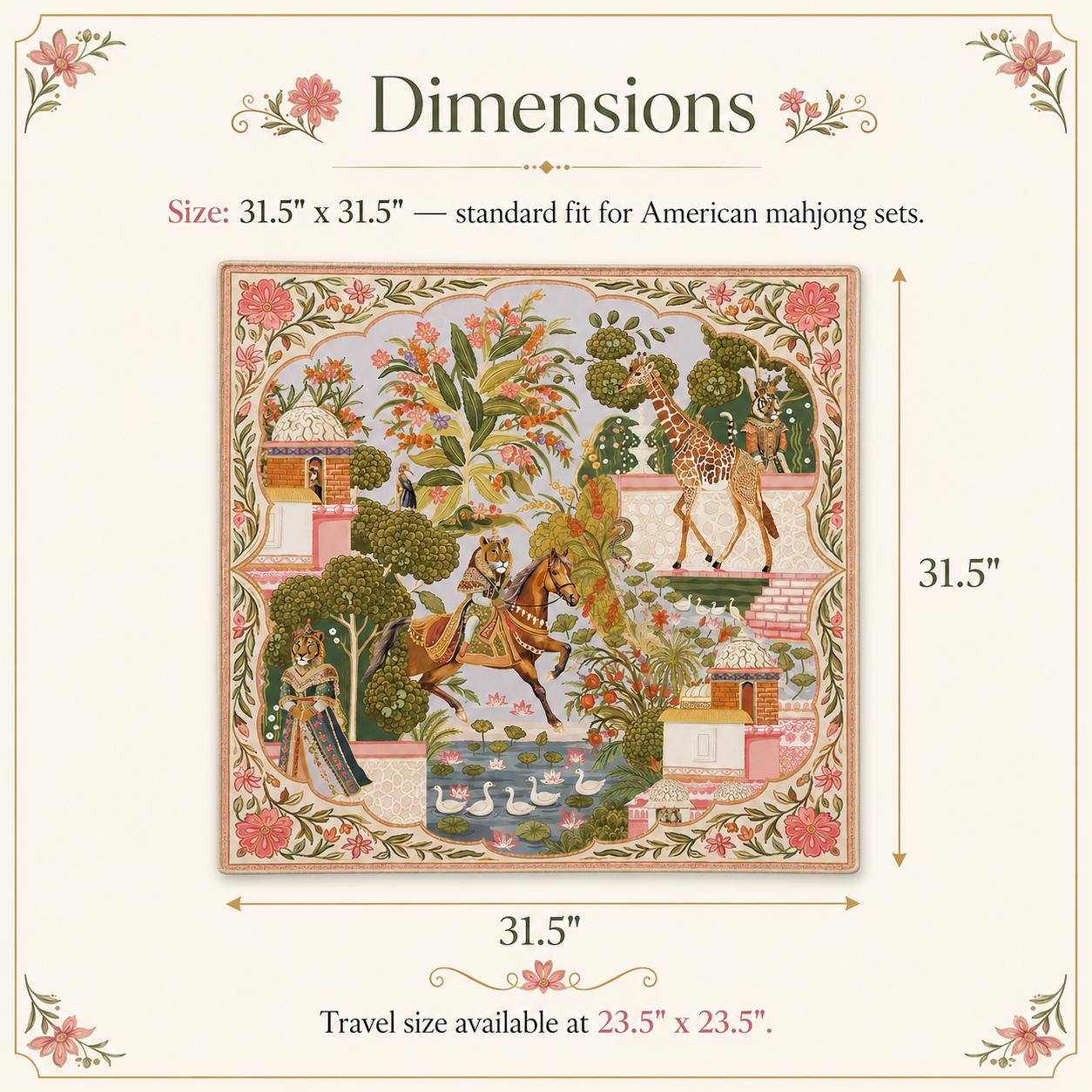 THE ROYAL COURT Mughal Art Mahjong Mat — Chinoiserie Floral GameTable Mat, American Mahjong Gift, Mahjong Accessories, Pink Gold Animal Mat