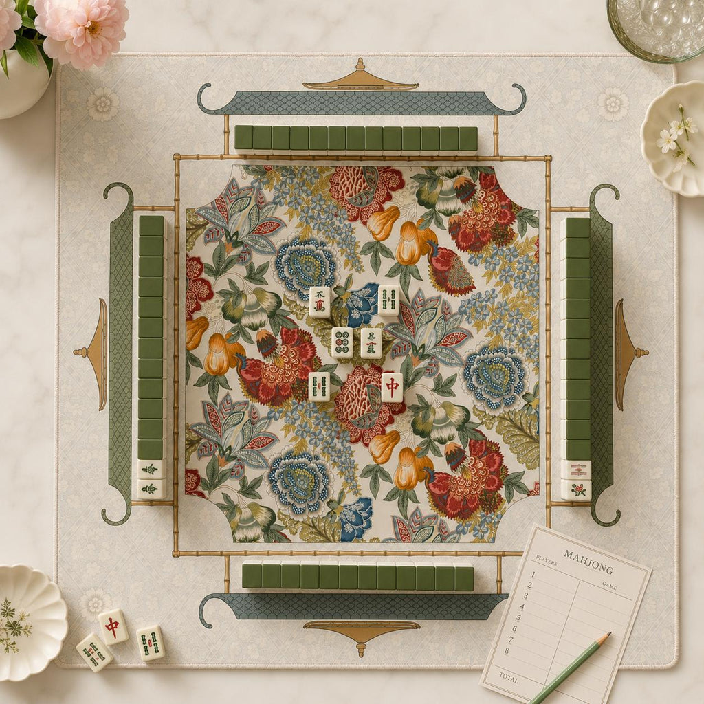 THE JACOBEAN GARDEN Chinoiserie Mahjong Mat — Floral Game Table Mat, American Mahjong Gift, Mahjong Accessories, Botanical Maximalist Mat