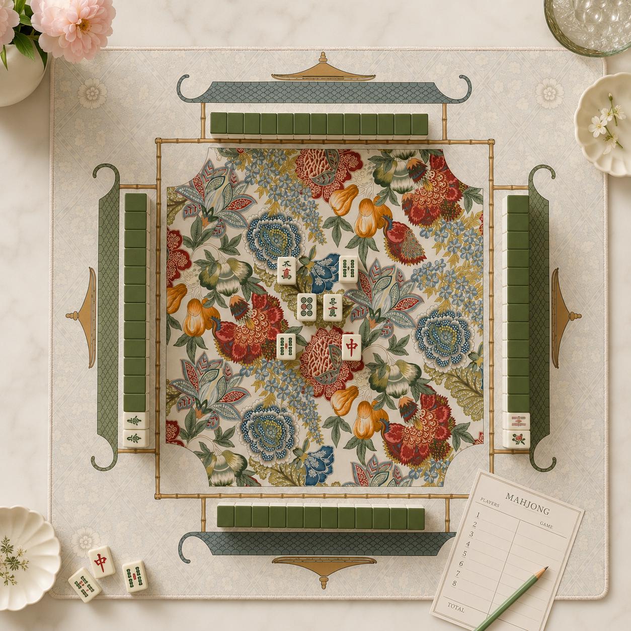 THE JACOBEAN GARDEN Chinoiserie Mahjong Mat — Floral Game Table Mat, American Mahjong Gift, Mahjong Accessories, Botanical Maximalist Mat