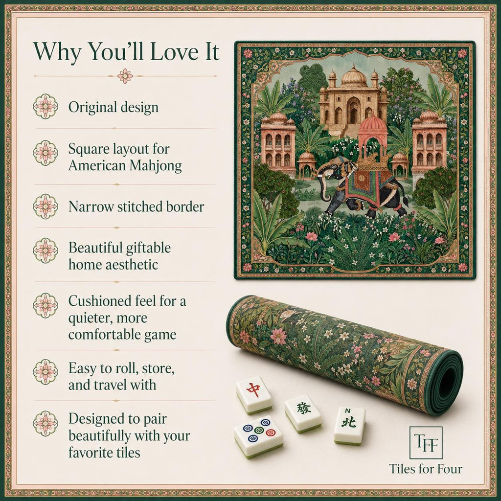 THE ELEPHANT PALACE Mughal Art Mahjong Mat — Chinoiserie Palace Table Mat, American Mahjong Gift, Mahjong Accessories, Green Gold Floral Mat