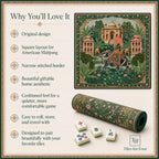 THE ELEPHANT PALACE Mughal Art Mahjong Mat — Chinoiserie Palace Table Mat, American Mahjong Gift, Mahjong Accessories, Green Gold Floral Mat
