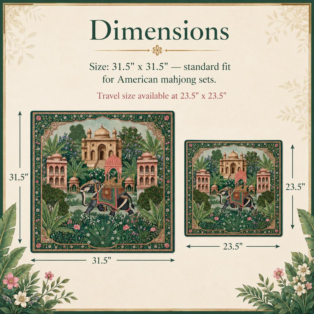 THE ELEPHANT PALACE Mughal Art Mahjong Mat — Chinoiserie Palace Table Mat, American Mahjong Gift, Mahjong Accessories, Green Gold Floral Mat