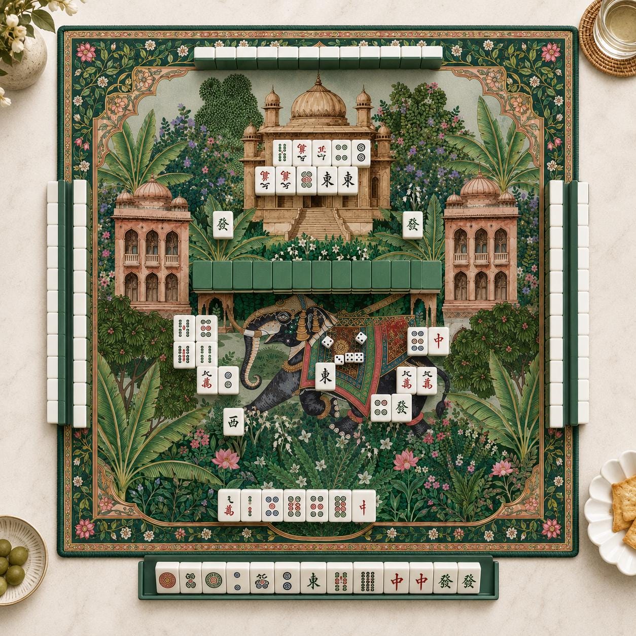 THE ELEPHANT PALACE Mughal Art Mahjong Mat — Chinoiserie Palace Table Mat, American Mahjong Gift, Mahjong Accessories, Green Gold Floral Mat