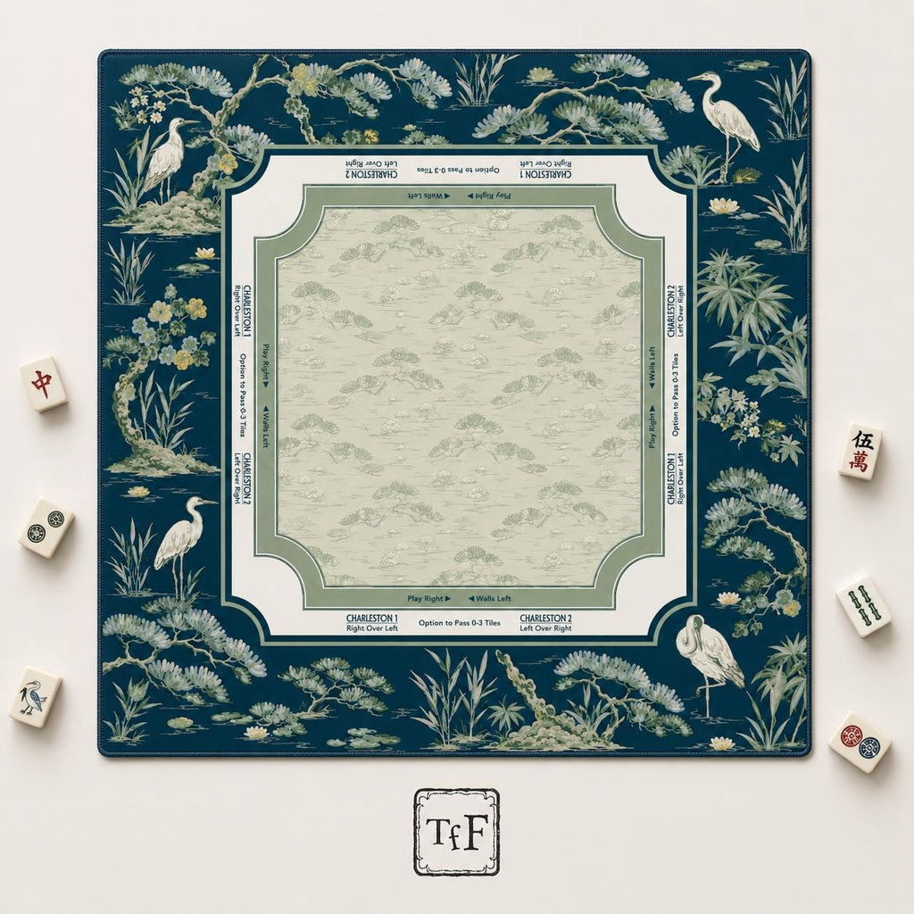 THE HERON GARDEN Navy Blue Mahjong Mat — Chinoiserie Game Mat, American Mahjong Accessories, Mahjong Gift, Blue Mahjong Table Mat