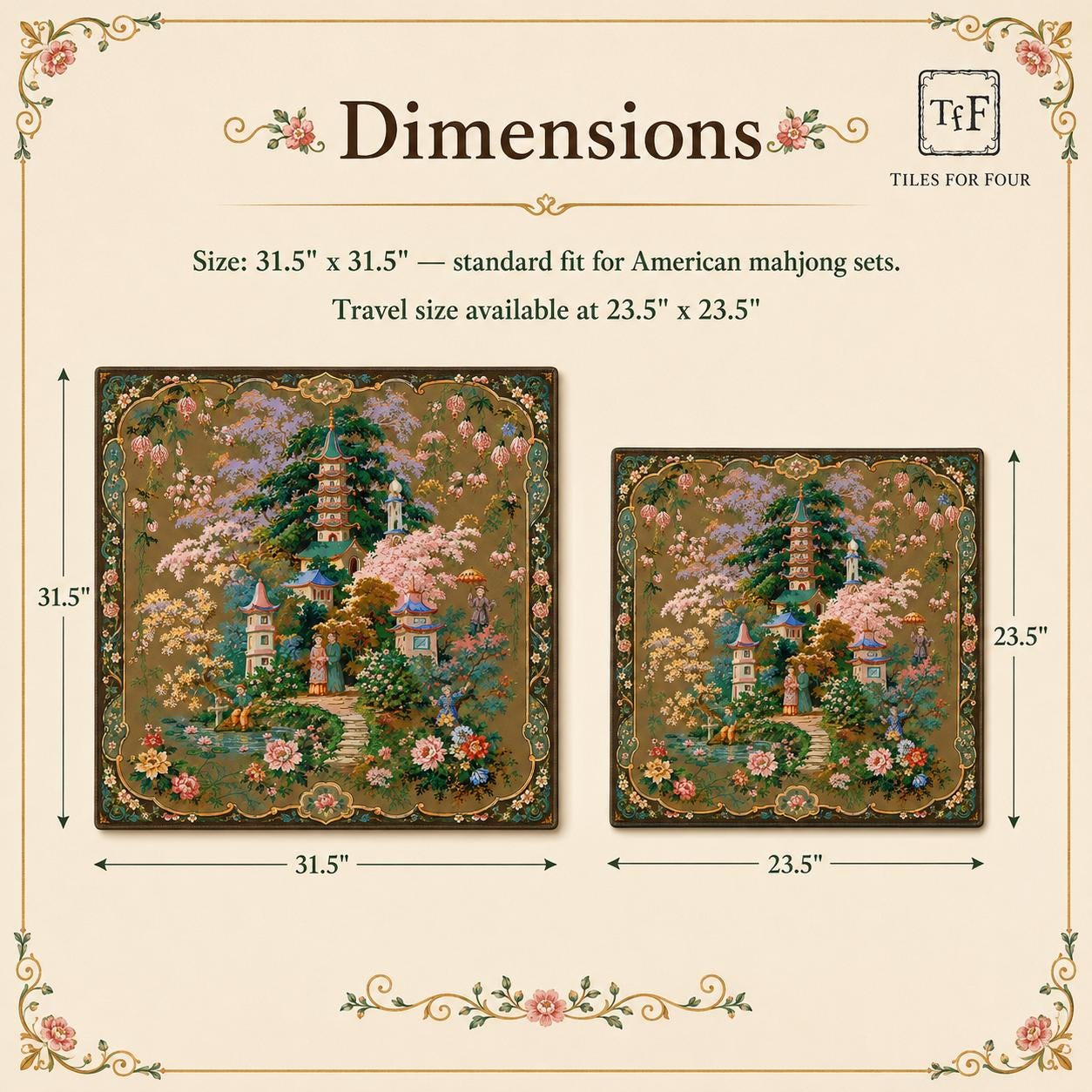 THE PAGODA GARDEN Chinoiserie Mahjong Mat — French Rococo Table Mat, American Mahjong Gift, Mahjong Accessories, Gold Antique Floral Mat