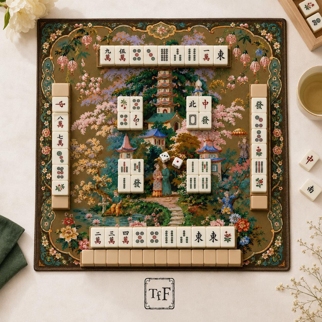 THE PAGODA GARDEN Chinoiserie Mahjong Mat — French Rococo Table Mat, American Mahjong Gift, Mahjong Accessories, Gold Antique Floral Mat
