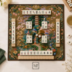THE PAGODA GARDEN Chinoiserie Mahjong Mat — French Rococo Table Mat, American Mahjong Gift, Mahjong Accessories, Gold Antique Floral Mat