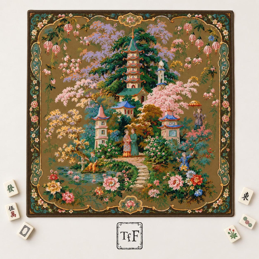 THE PAGODA GARDEN Chinoiserie Mahjong Mat — French Rococo Table Mat, American Mahjong Gift, Mahjong Accessories, Gold Antique Floral Mat