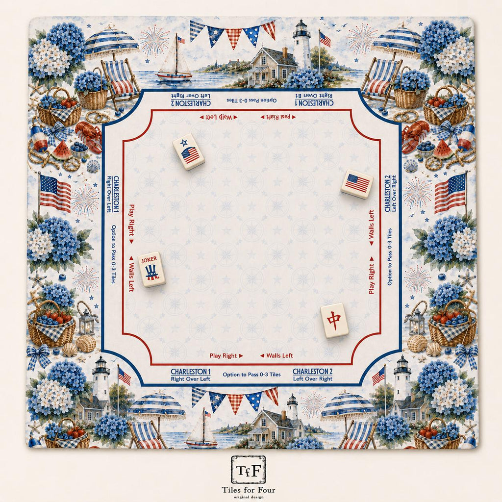 THE NANTUCKET SUMMER Preppy Coastal Mahjong Mat — 4th of July Game Night Table Mat, Mahjong Gift, Mahjong Accessories, Red White Blue Mat