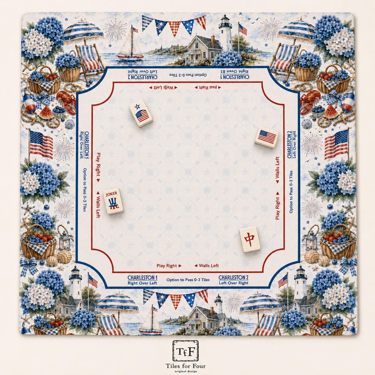 THE NANTUCKET SUMMER Preppy Coastal Mahjong Mat — 4th of July Game Night Table Mat, Mahjong Gift, Mahjong Accessories, Red White Blue Mat