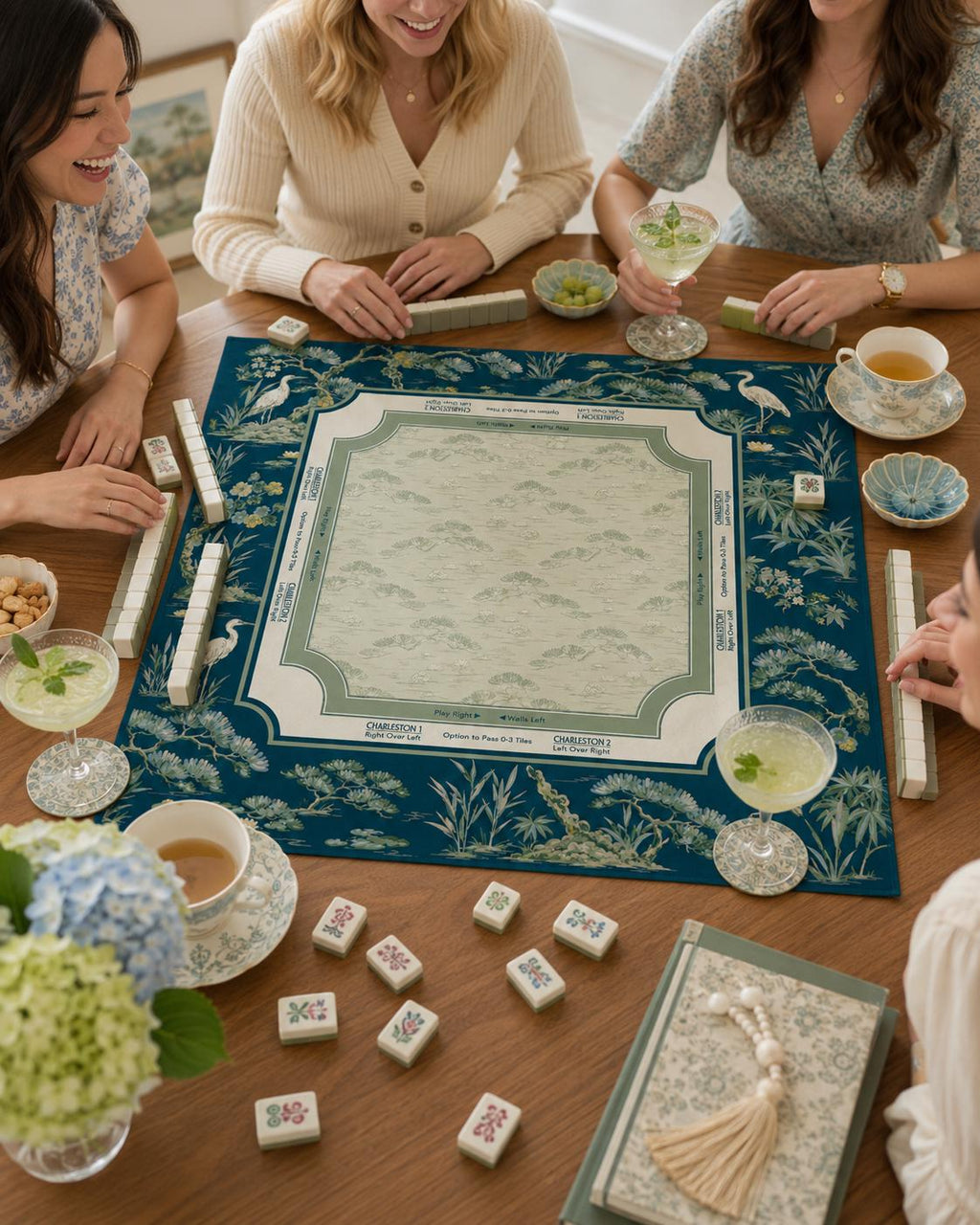 THE HERON GARDEN Navy Blue Mahjong Mat — Chinoiserie Game Mat, American Mahjong Accessories, Mahjong Gift, Blue Mahjong Table Mat