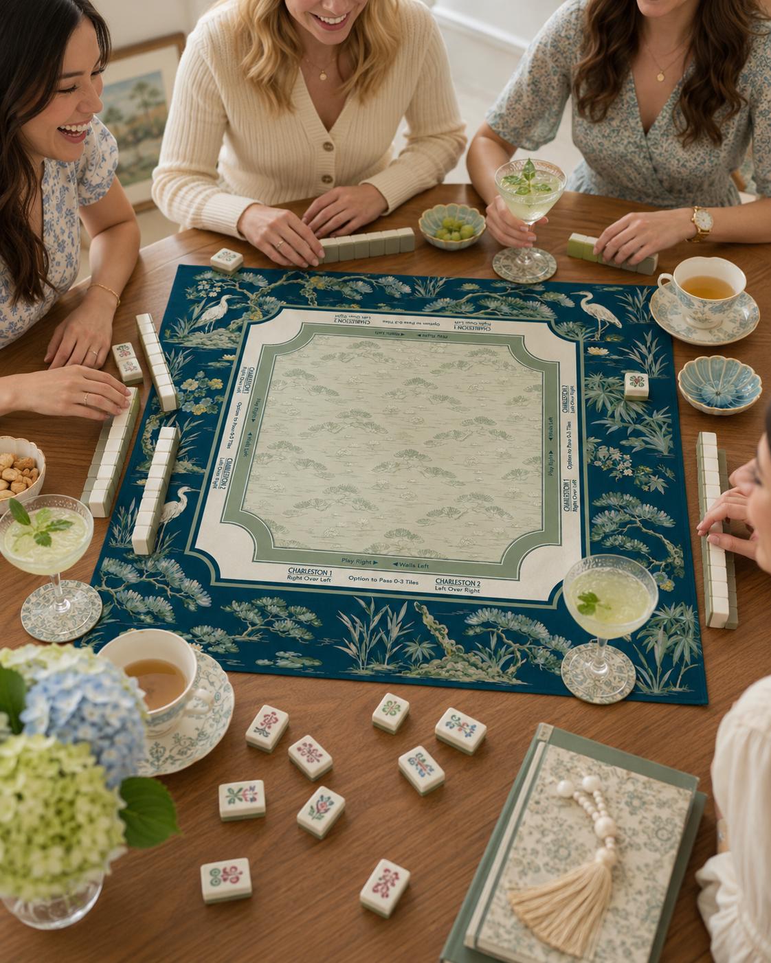 THE HERON GARDEN Navy Blue Mahjong Mat — Chinoiserie Game Mat, American Mahjong Accessories, Mahjong Gift, Blue Mahjong Table Mat