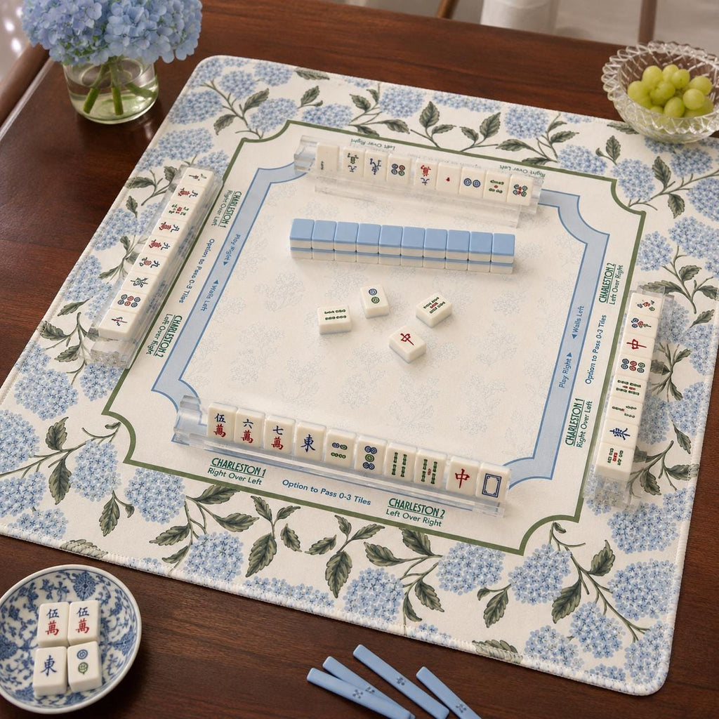 THE HYDRANGEA GARDEN Preppy Floral Mahjong Mat — Blue White Game Night Tile Table Mat, American Mahjong Gift, Mahjong Accessories