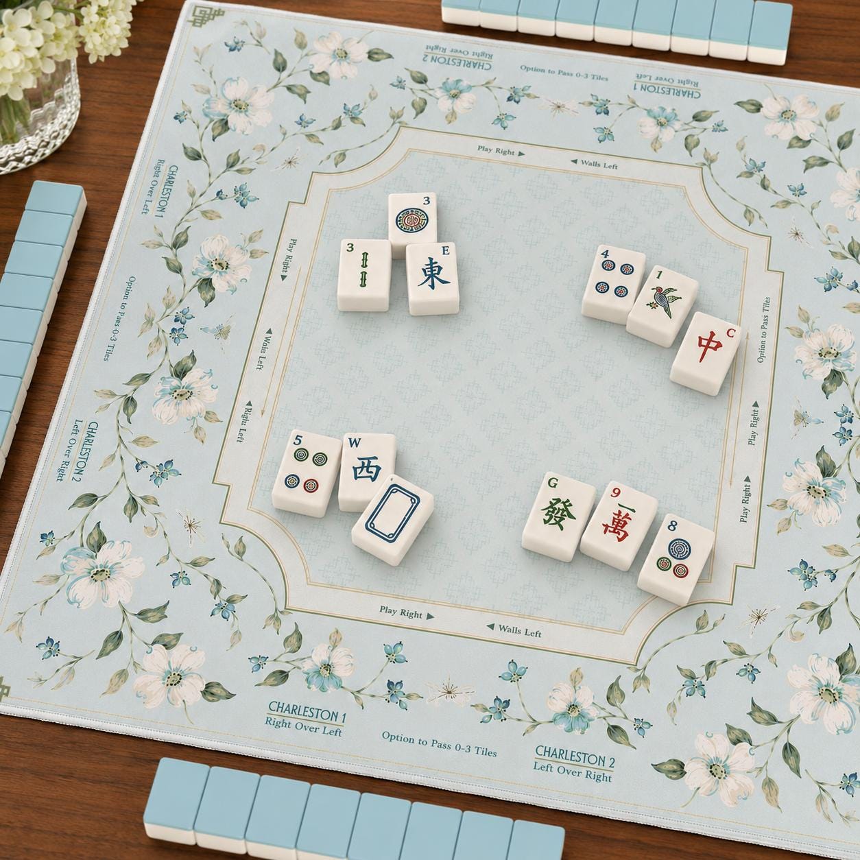 THE DOGWOOD GARDEN Floral Mahjong Mat — Mint Green Game Mat, American Mahjong Accessories, Mahjong Gift, Botanical Mahjong Table Mat