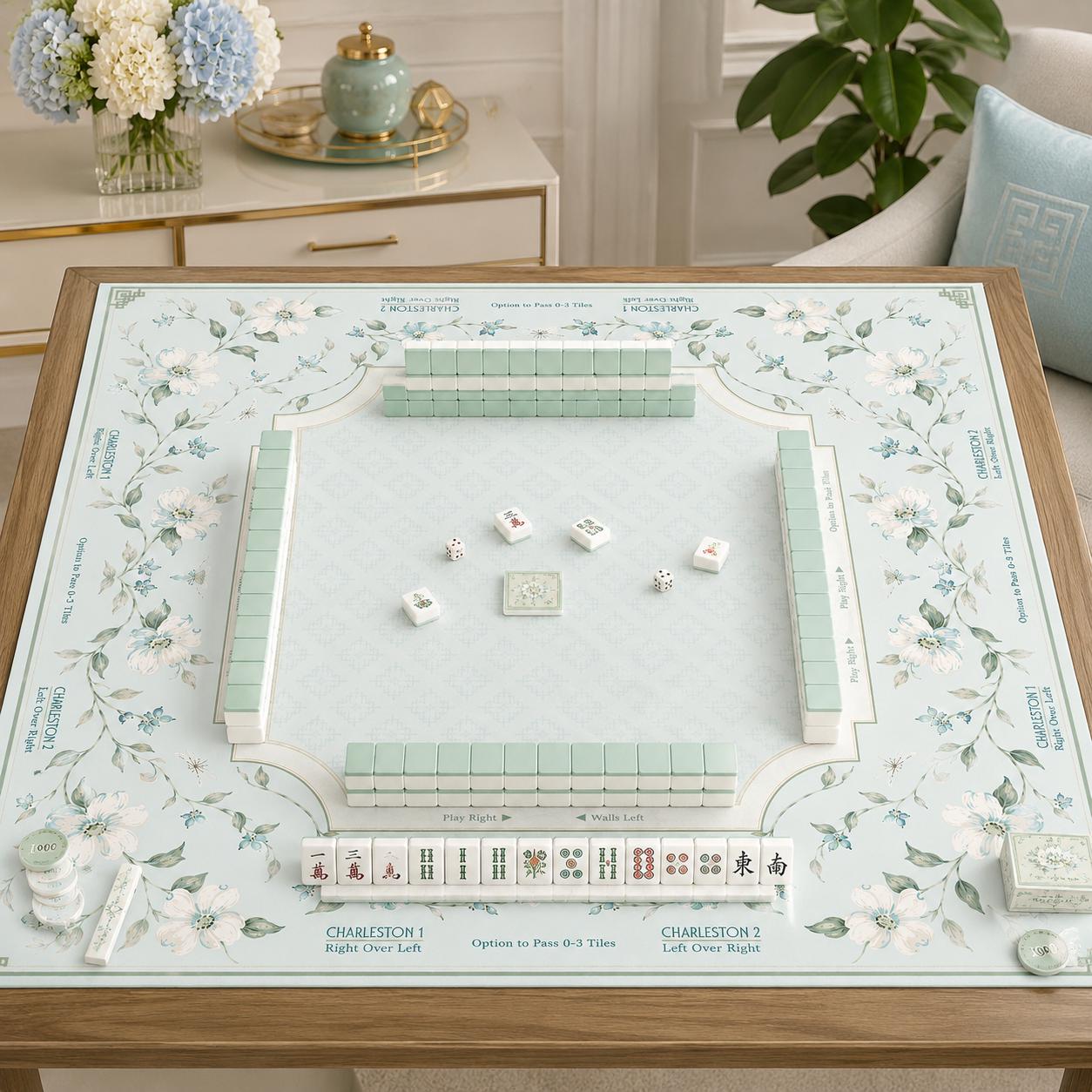 THE DOGWOOD GARDEN Floral Mahjong Mat — Mint Green Game Mat, American Mahjong Accessories, Mahjong Gift, Botanical Mahjong Table Mat