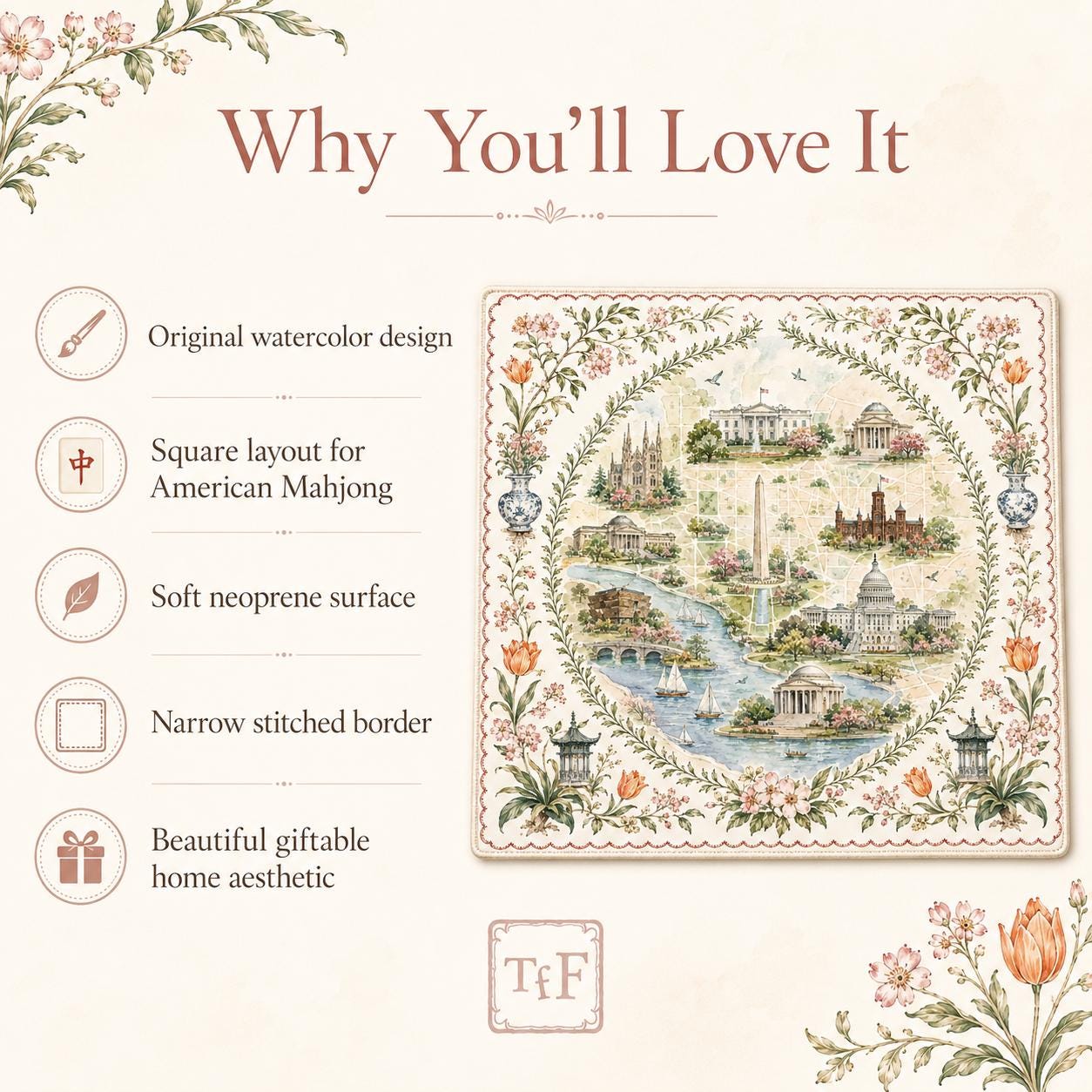 THE CAPITAL GARDEN Mahjong Mat — Floral Map Mat, Game Night Tile Table Mat, American Mahjong Gift, Mahjong Accessories, Preppy Map Mat