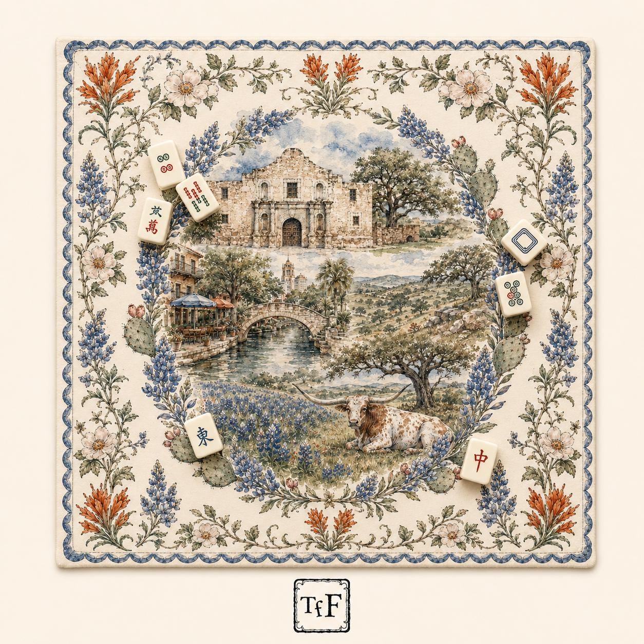THE TEXAS GARDEN Bluebonnet Mahjong Mat — Game Night Tile Table Mat, American Mahjong Gift, Mahjong Accessories, Floral Map Mat