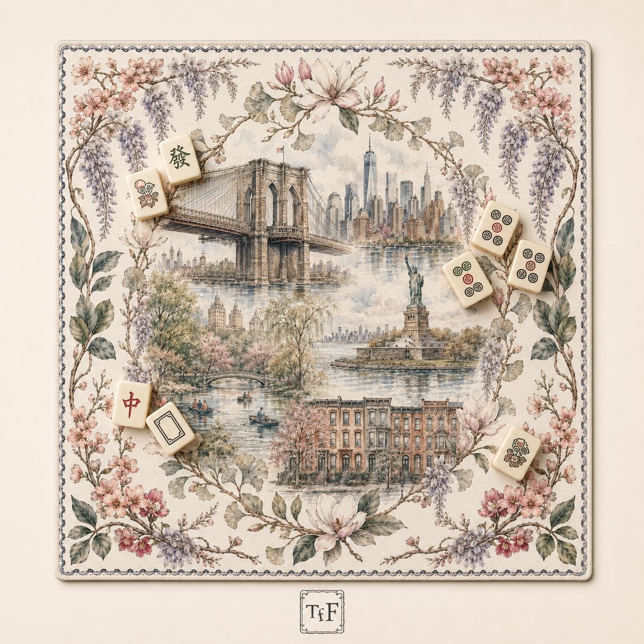 The NEW YORK Garden NYC Floral Mahjong Mat — Brooklyn Bridge Game Night Tile Table Mat, American Mahjong Gift, Mahjong Accessories