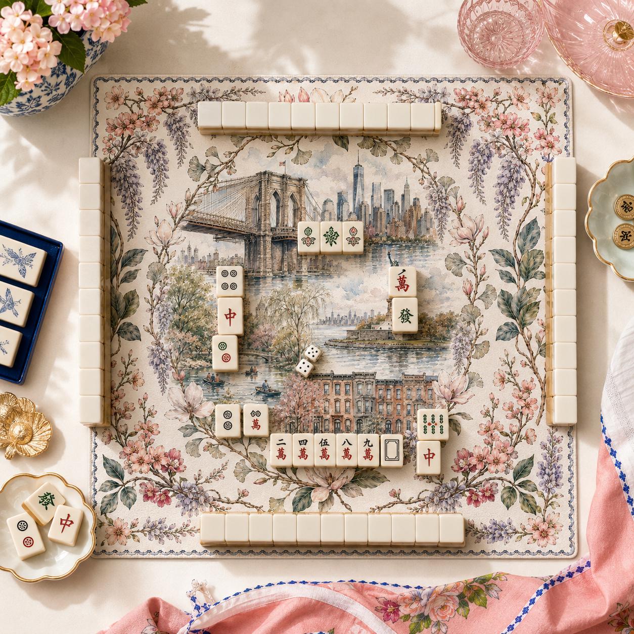 The NEW YORK Garden NYC Floral Mahjong Mat — Brooklyn Bridge Game Night Tile Table Mat, American Mahjong Gift, Mahjong Accessories
