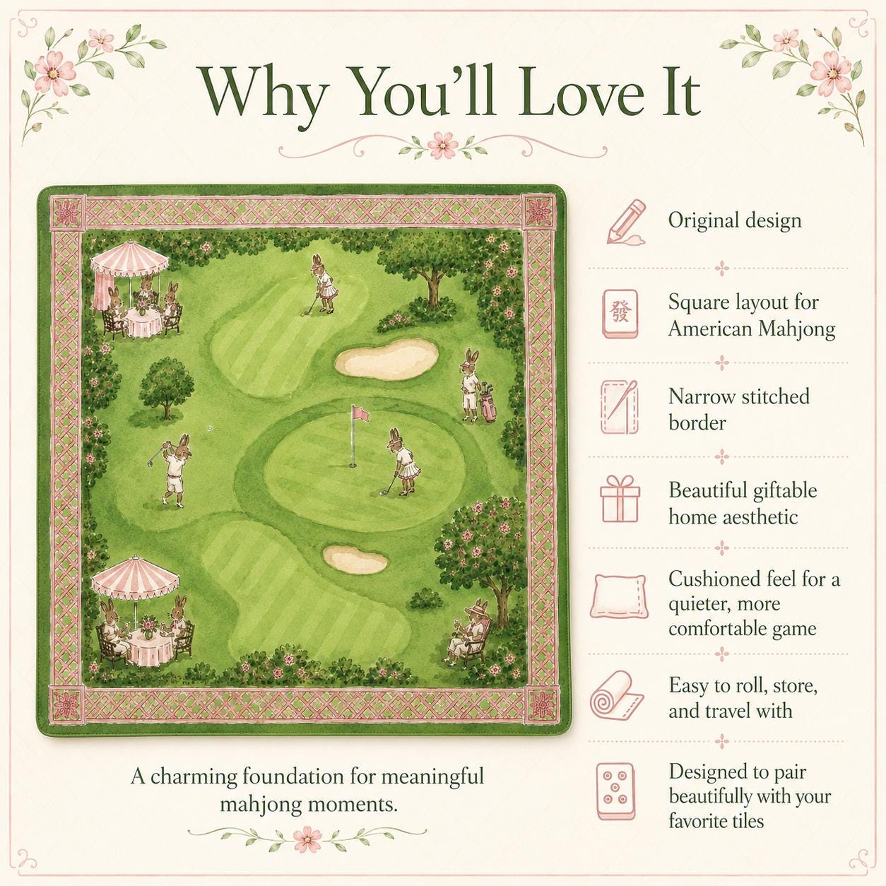 THE GOLF CLUB Preppy Golf Mahjong Mat — Whimsical Game Night Table Mat, Mahjong Gift, Mahjong Accessories, Green Pink Country Club Mat