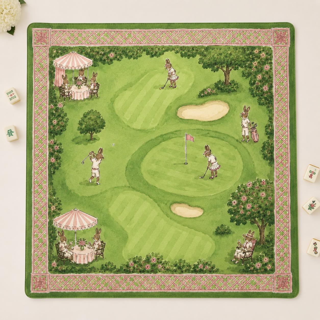 THE PICKLEBALL CLUB Preppy Bunny Mahjong Mat — Whimsical Game Night Table Mat, American Mahjong Gift, Mahjong Accessories, Green Blue Mat