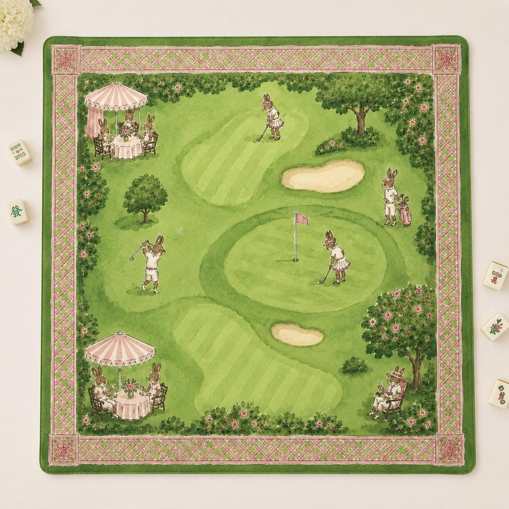 THE SOCCER CLUB Preppy Bunny Mahjong Mat — Whimsical Game Night Table Mat, American Mahjong Gift, Mahjong Accessories, Green Pink Soccer Mat
