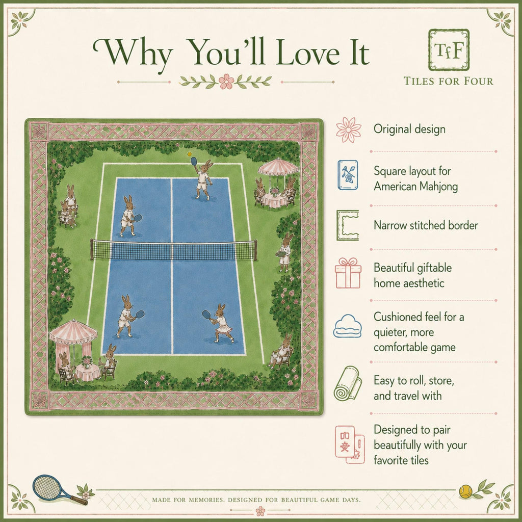 THE PICKLEBALL CLUB Preppy Bunny Mahjong Mat — Whimsical Game Night Table Mat, American Mahjong Gift, Mahjong Accessories, Green Blue Mat