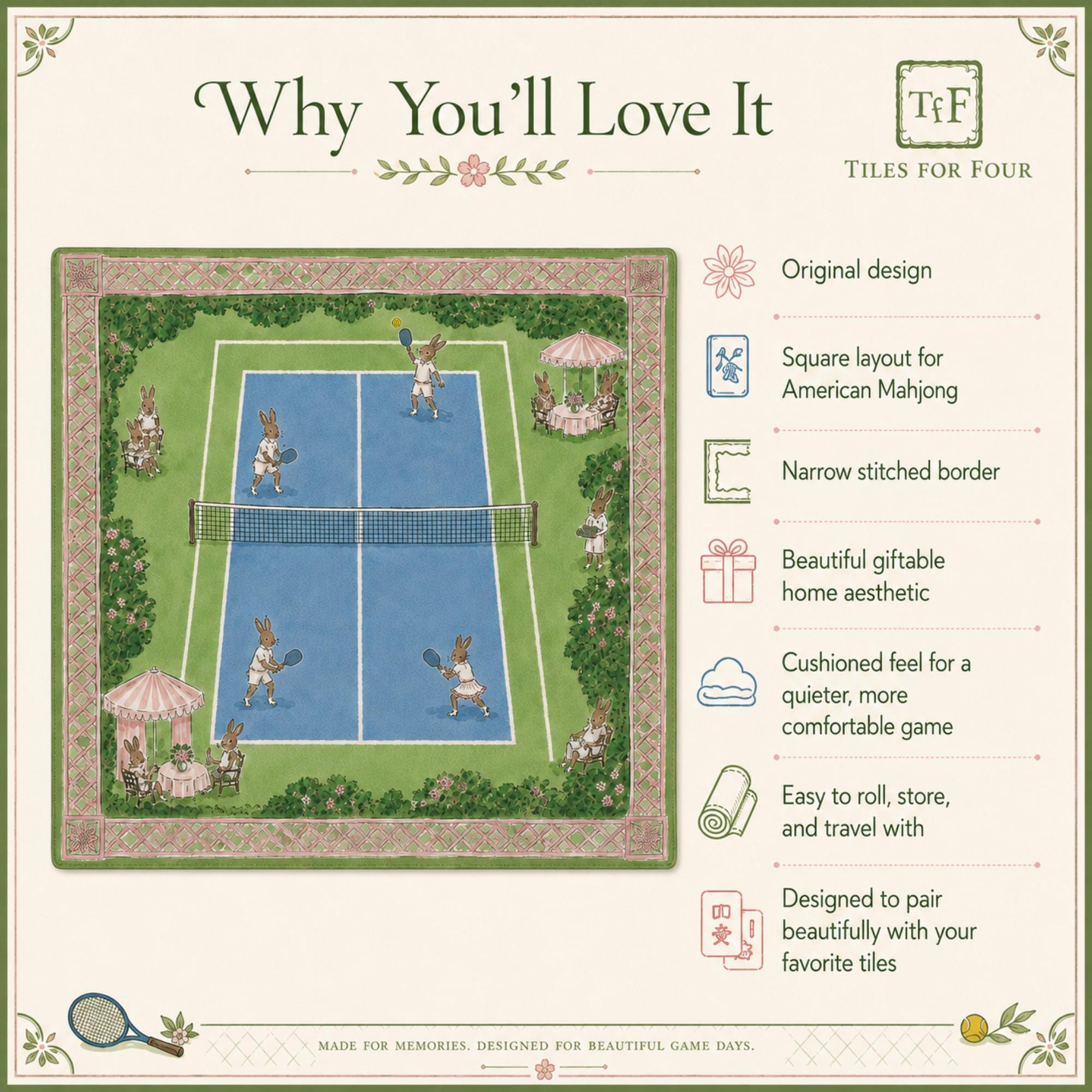 THE PICKLEBALL CLUB Preppy Bunny Mahjong Mat — Whimsical Game Night Table Mat, American Mahjong Gift, Mahjong Accessories, Green Blue Mat