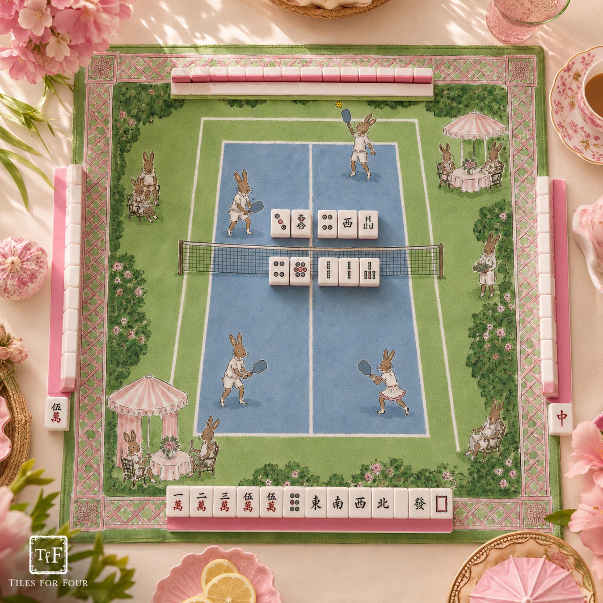 THE PICKLEBALL CLUB Preppy Bunny Mahjong Mat — Whimsical Game Night Table Mat, American Mahjong Gift, Mahjong Accessories, Green Blue Mat
