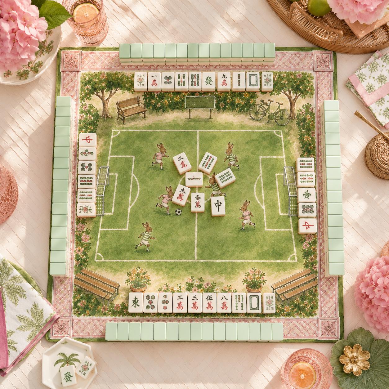 THE SOCCER CLUB Preppy Bunny Mahjong Mat — Whimsical Game Night Table Mat, American Mahjong Gift, Mahjong Accessories, Green Pink Soccer Mat